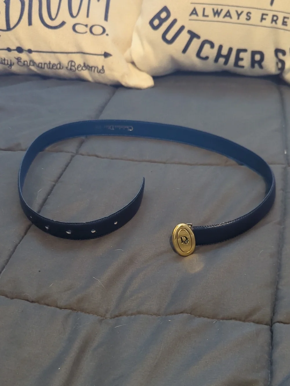Authentic Dior Classic Navy Leather Belt with Gold Oval Buckle Size Small
